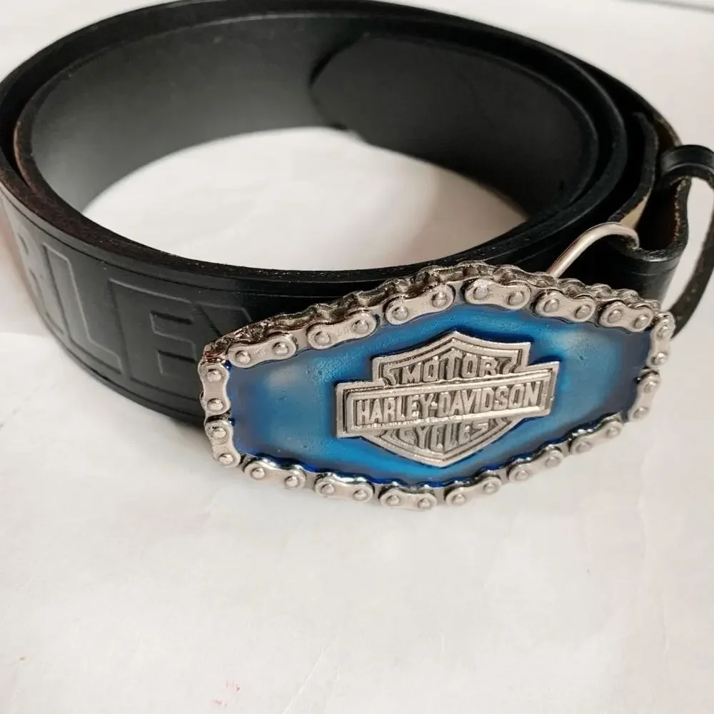 Vintage 70s/80s Harley-Davidson Leather Belt with Blue Enamel Buckle Size 36